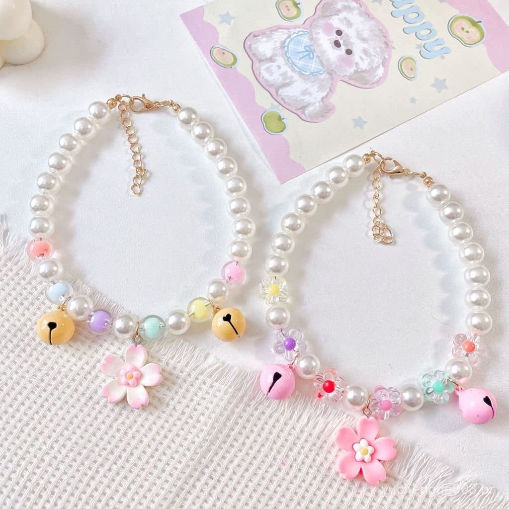 Colar de Pérolas com Laço para Gatos e Cães, Coleira com Sino e Flor para Cães Pequenos e Médios 7.21 WL4A