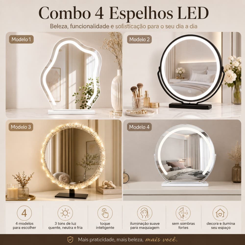 Espelho LED Multifuncional de Parede, Luz Ajustável 3 Cores, Anti‑Névoa, 4 Formatos