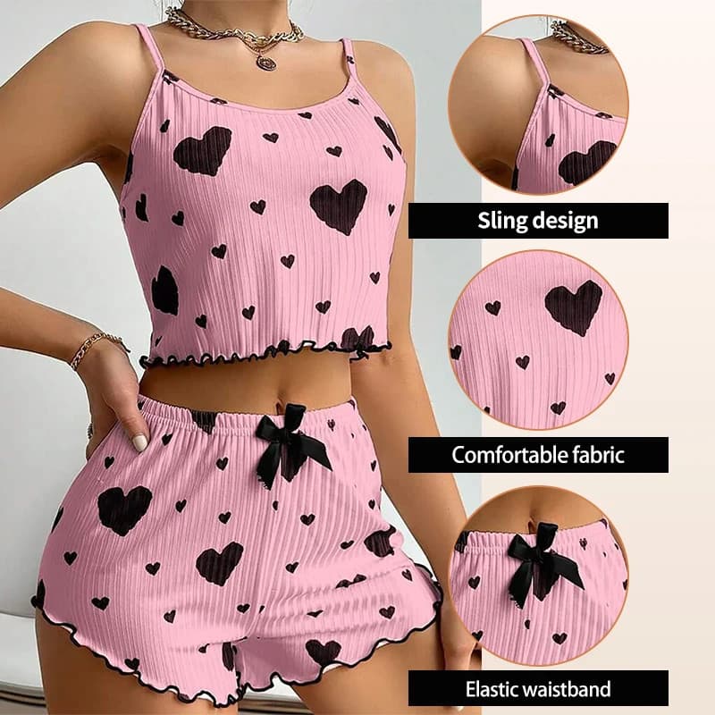 Conjunto De Pijamas Femininos 2 Peças Regatas Curtas E Shorts Sml Branco Ventilar Macio Casual Amor Impressão
