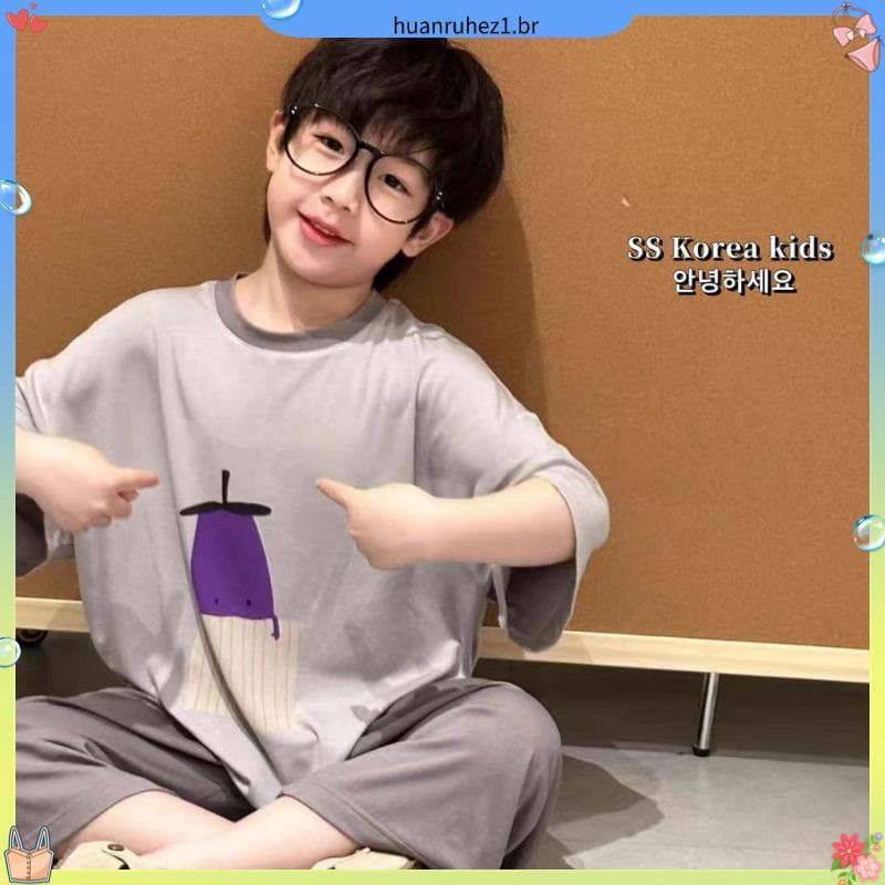 Pijamas infantis Modal verão estilo fino meninos de manga curta Homewear ternos médio grande crianças meninas roupas cas