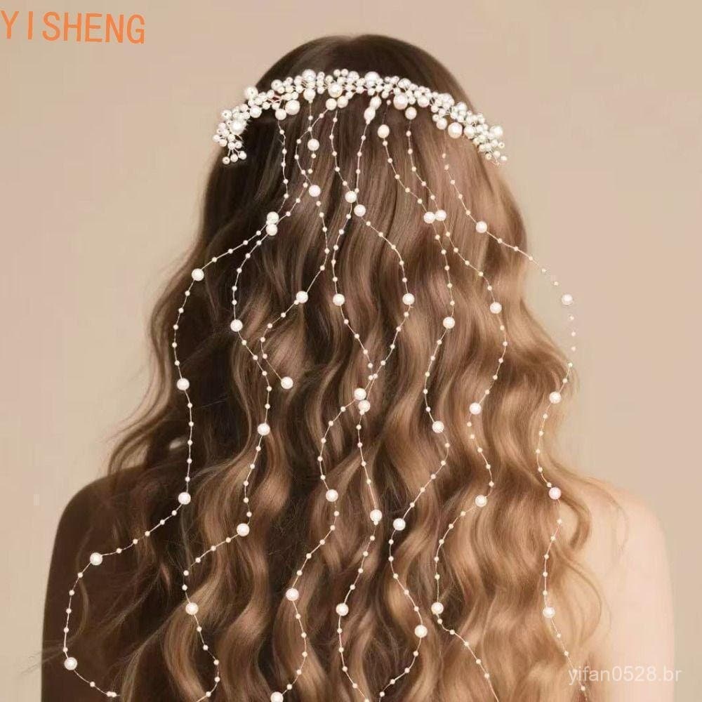 Acessórios de Cabelo Yisheng, Véu de Noiva Romântico Elegante com Pérolas e Franjas, Item de Casamento Doce WVKQ