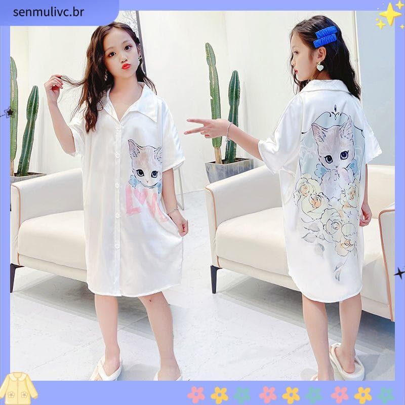 Crianças camisola de manga curta meninas verão médio grande crianças camisola de seda gelo de manga curta meninas verão