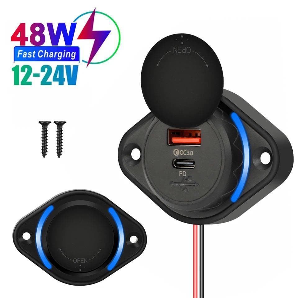 Carregador De Carro Adaptador De Tomada De Energia QC3.0 + PD Telefone De Carga Rápida 12-24V Para Barco ATV Campista Co