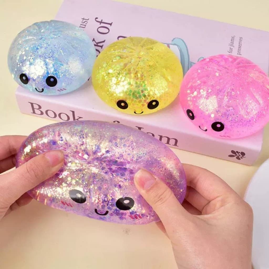 8.5 Cm Glitter Bun Squishy Fidget Toy Com Cesta De Vapor Floco De Neve Cubo De Gelo Manteiga Bonito Kawaii Alívio Do Est