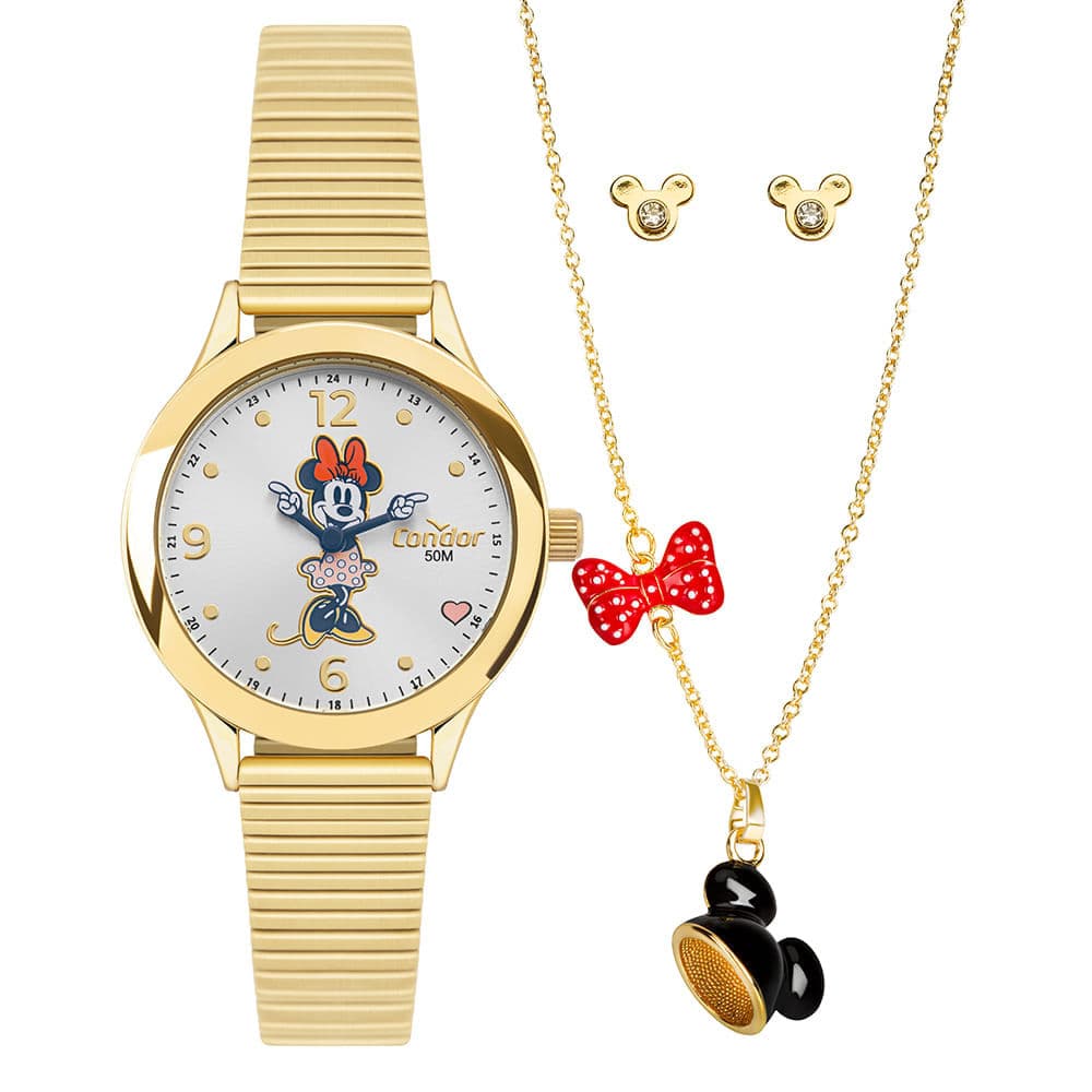 Kit Relógio Condor Feminino Disney Minnie Dourado - CO2025AC/K4K