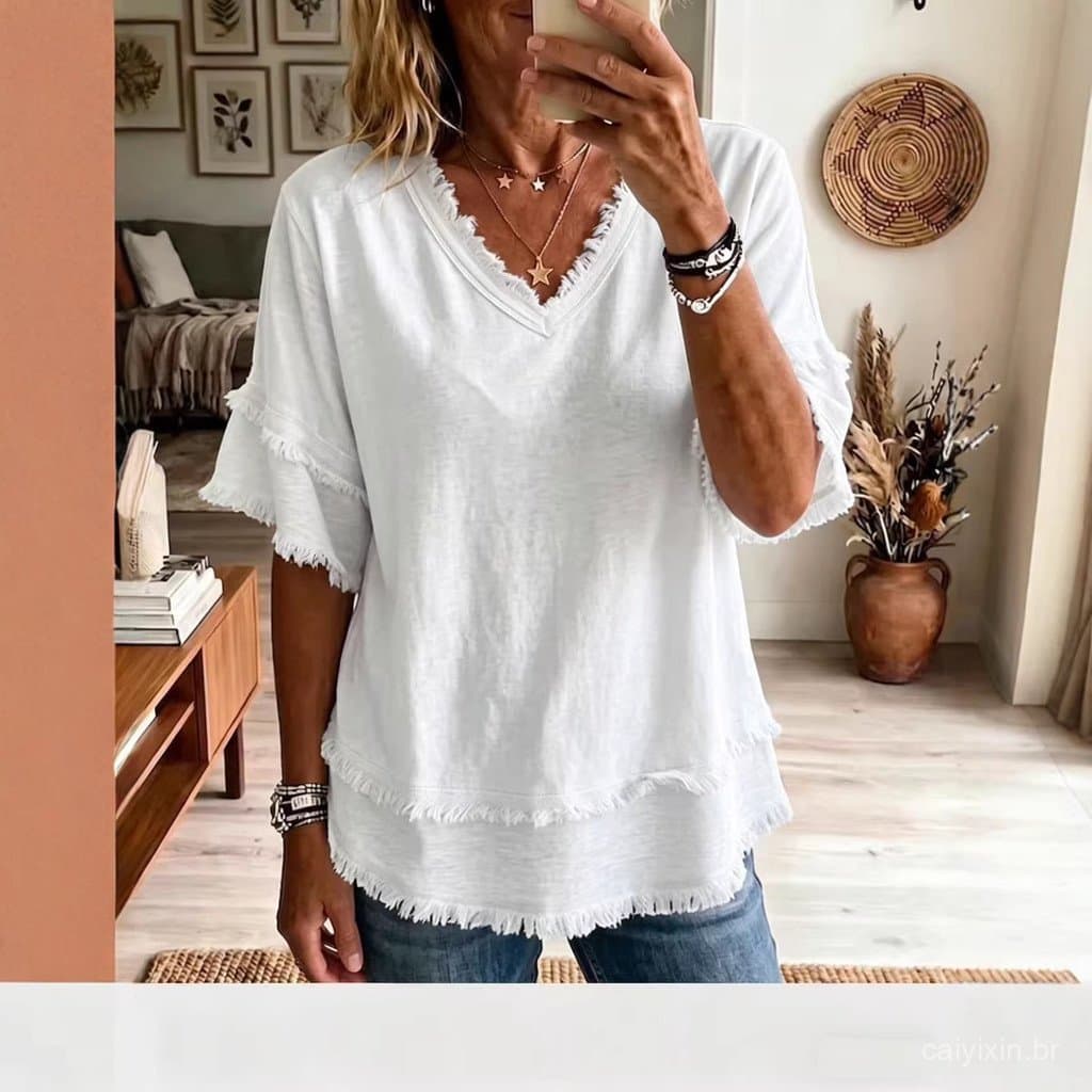 2026 Blusa Feminina Solta Casual de Manga Curta com Decote em V 4QEC