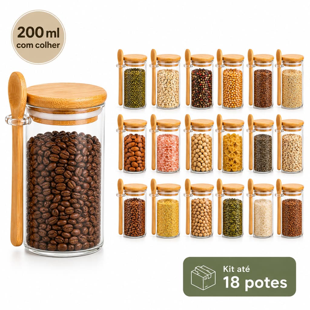 Kit Porta Temperos 200ml com Colher Potes de Vidro Herméticos Tampa Bambu Saleiro Organizador para Cozinha