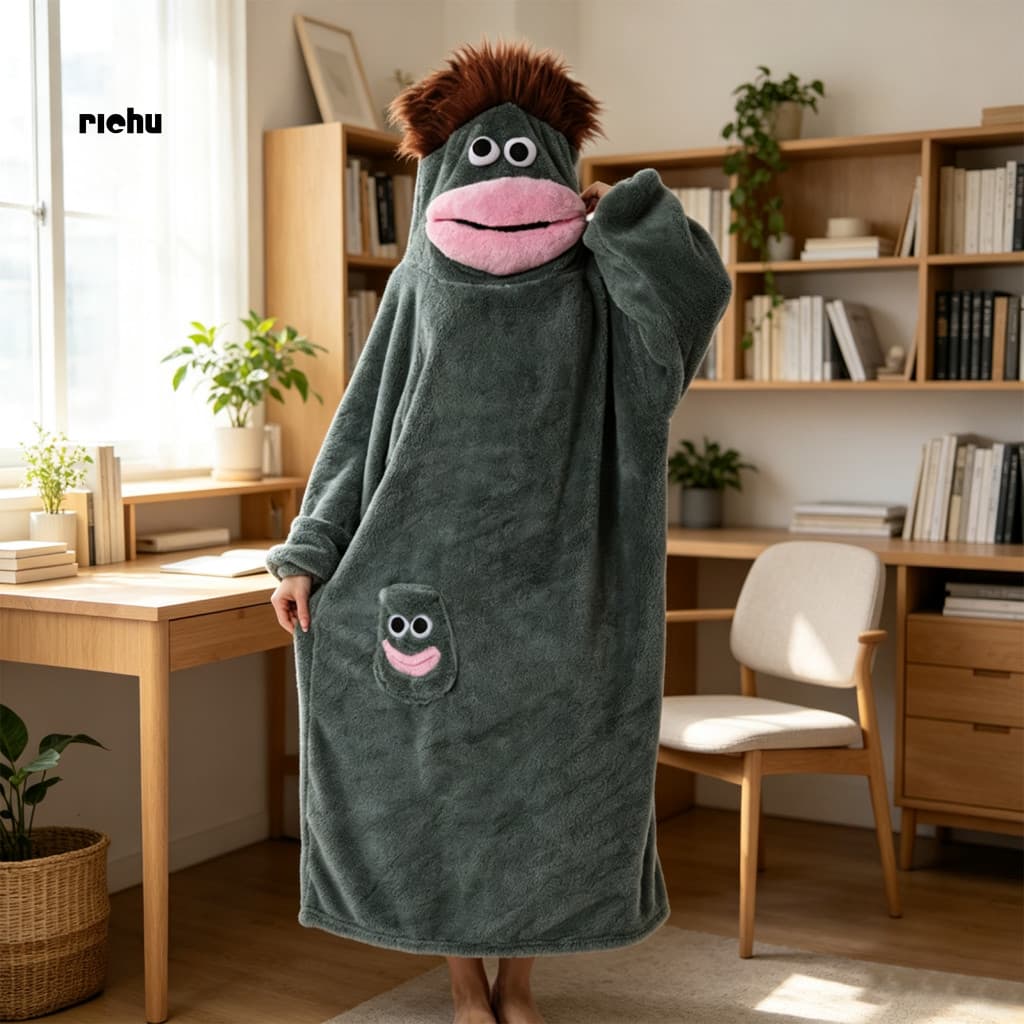 Richu * Cobertor De Pelúcia Quente Com Capuz , Camisola Unissex , Roupão De Salão Solto Para Uso Doméstico De Inverno