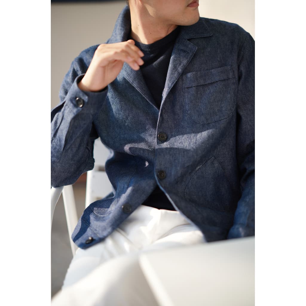 Jaqueta masculina de lã e linho jeans Casual azul moda masculina roupa de trabalho francesa jaqueta de lapela outono