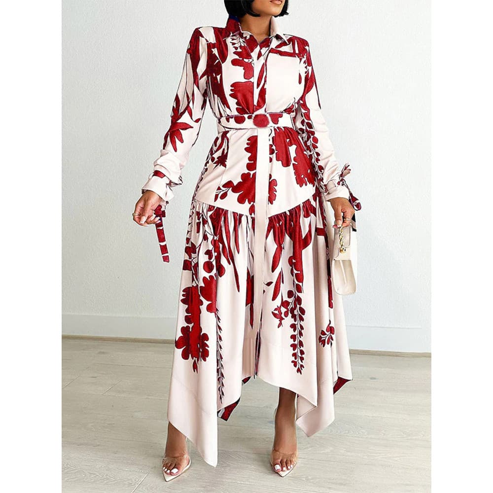 [Estilo mais vendido] Vestido feminino elegante estampado lapela manga comprida saia Irregular estampado [envio rápido]