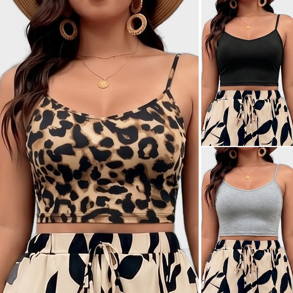 [Estoque pronto] Top curto com estampa de leopardo, alça fina, feminino, Slim fit, aparência mais fina, umbigo, camisa d