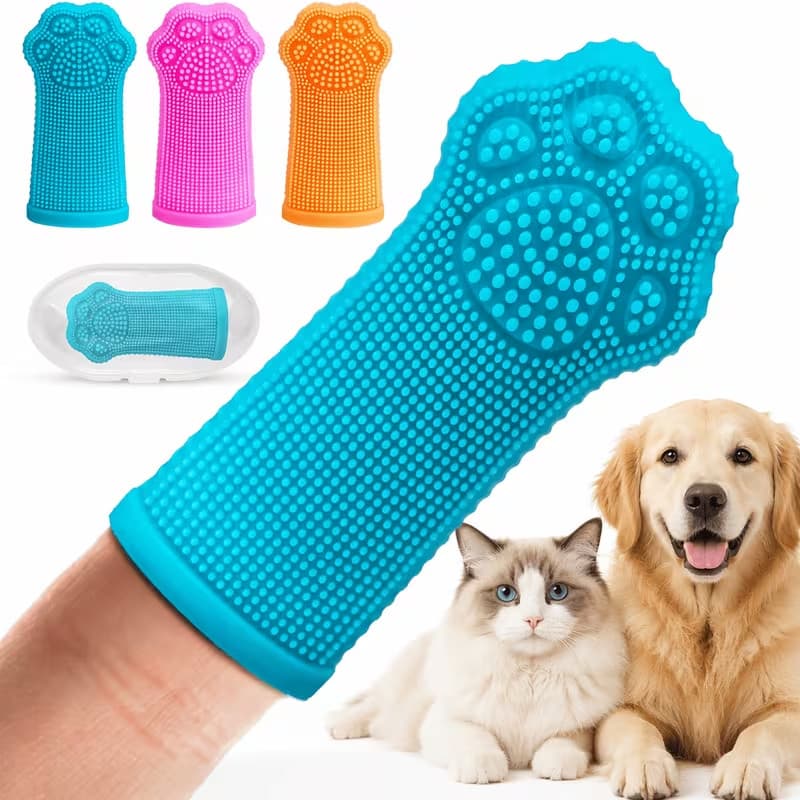 Conjunto de três escovas de dente de silicone macio para gatos e cães, kit de limpeza reutilizável (com caixa de armazen
