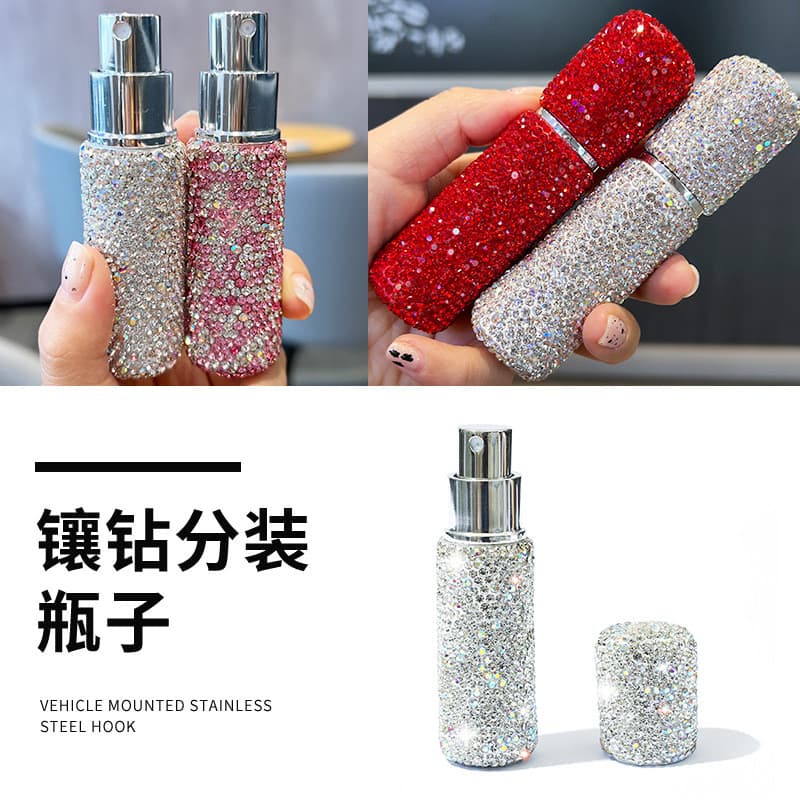 Frasco de Perfume Recarregável de 10ml com Detalhes em Diamante, Frasco de Amostra com Sistema de Pressão a Vácuo, Mini
