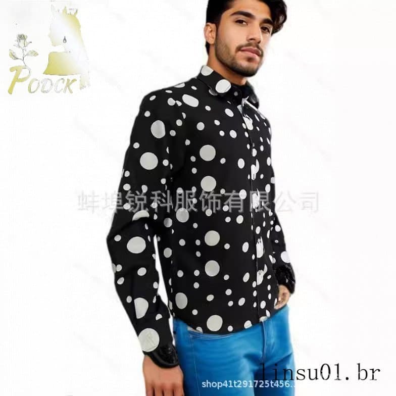 Camisa masculina europeia americana primavera Polka Dot Print Casual All-Match camisa de manga comprida