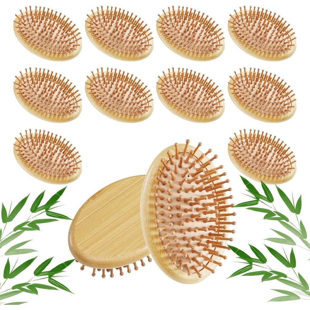Conjunto de 12 Escovas de Cabelo de Bambu - Mini Escovas de Viagem para Todos os Tipos de Cabelo, Escova para Massagem d