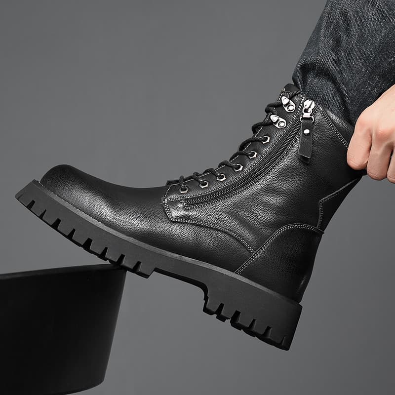 Botas Martin masculinas com zíper lateral de inverno, couro genuíno, cano alto, estilo britânico, cano médio, sola gross