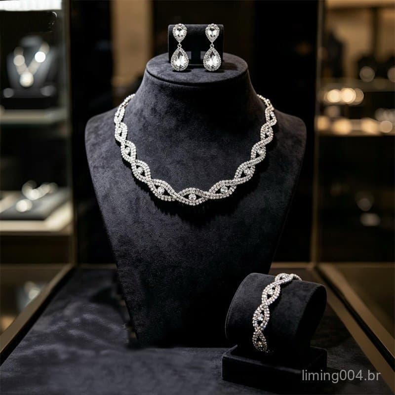 Conjunto de Joias Feminino Luxo 2/3 Peças com Colar Brincos e Pulseira de Strass para Casamento Festa