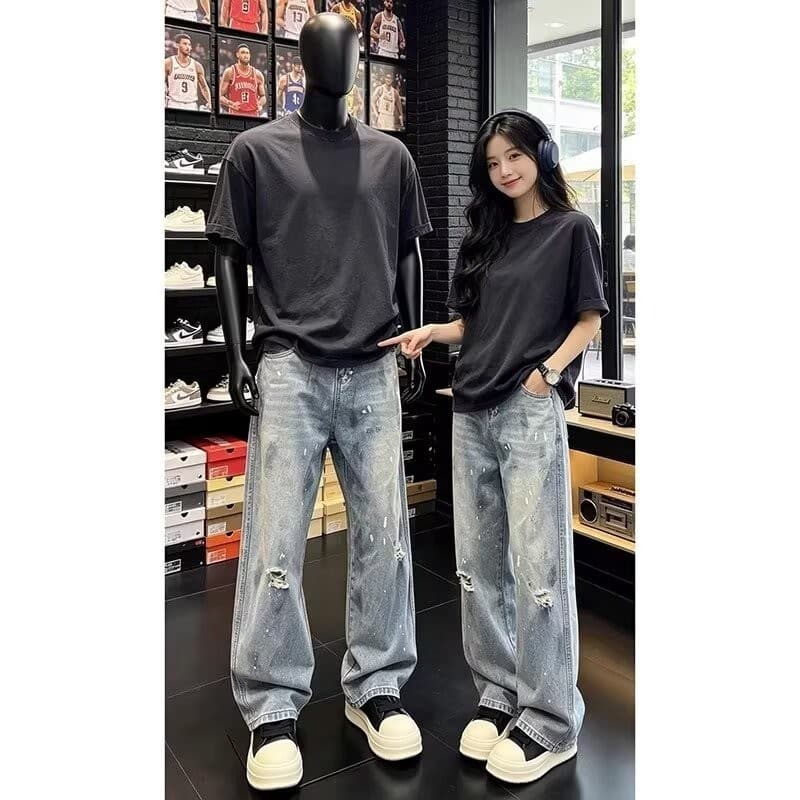 Calça Jeans rasgada com laca americana masculina, calça reta de verão para rua alta, calça larga lavada e desgastada