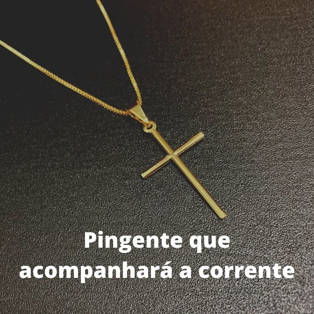 KIT Colar Masculino Veneziana DOURDO 60cm Fina 2mm  Pingente Cruz Palito Banho Ouro 18K Unissex ACO INOX