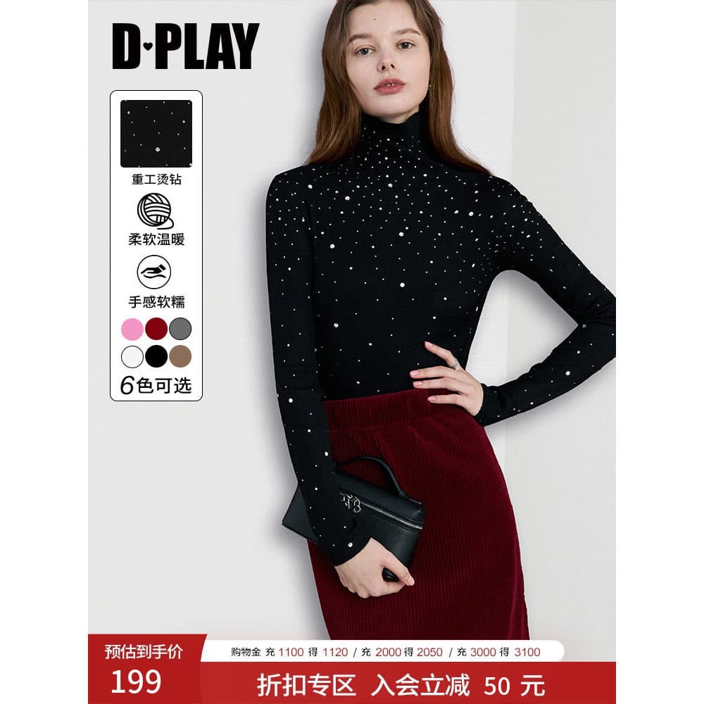 DPLAY outono preto camisola feminina gola alta interior quente diamante camisa de fundo brilhante diamante malha camisol