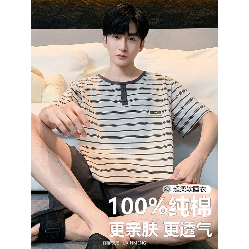 2026 novo estilo pijamas masculinos verão puro algodão botão Shorts de manga curta pode usar fora listrado Homewear algo