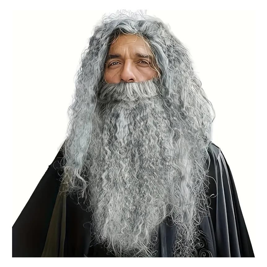 Conjunto de peruca e barba de mago. Câmera de celular