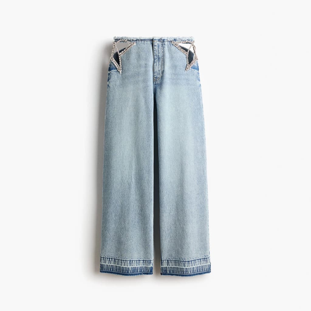 Calças jeans femininas com strass, de cintura baixa, compridas, em denim lavado e corte reto, para comércio exterior tra