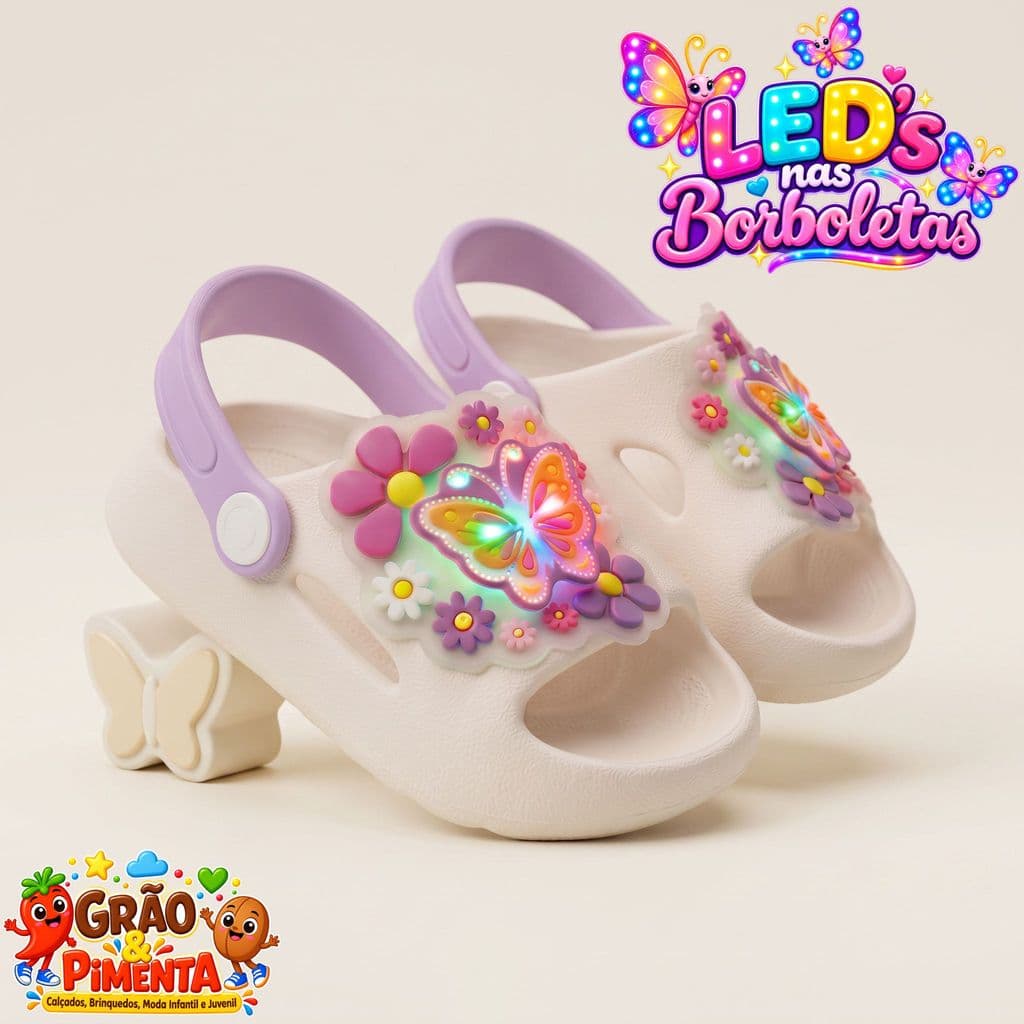 Chinelo Infantil LED Borboleta – Sandália Feminina Confortável, Antiderrapante, Leve para Meninas