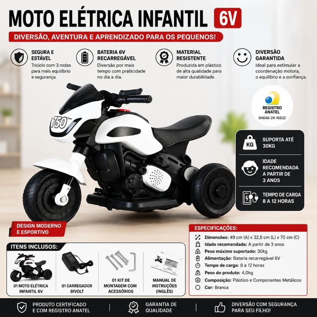 Moto Elétrica Infantil 6V Branca Bateria Recarregável até 30kg Criança 3+ Race