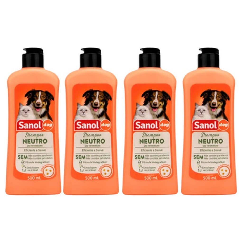 Kit 4x Shampoo Sanol Dog Neutro 500ml Cães Gatos pH Balanceado Queratina Camomila Banho