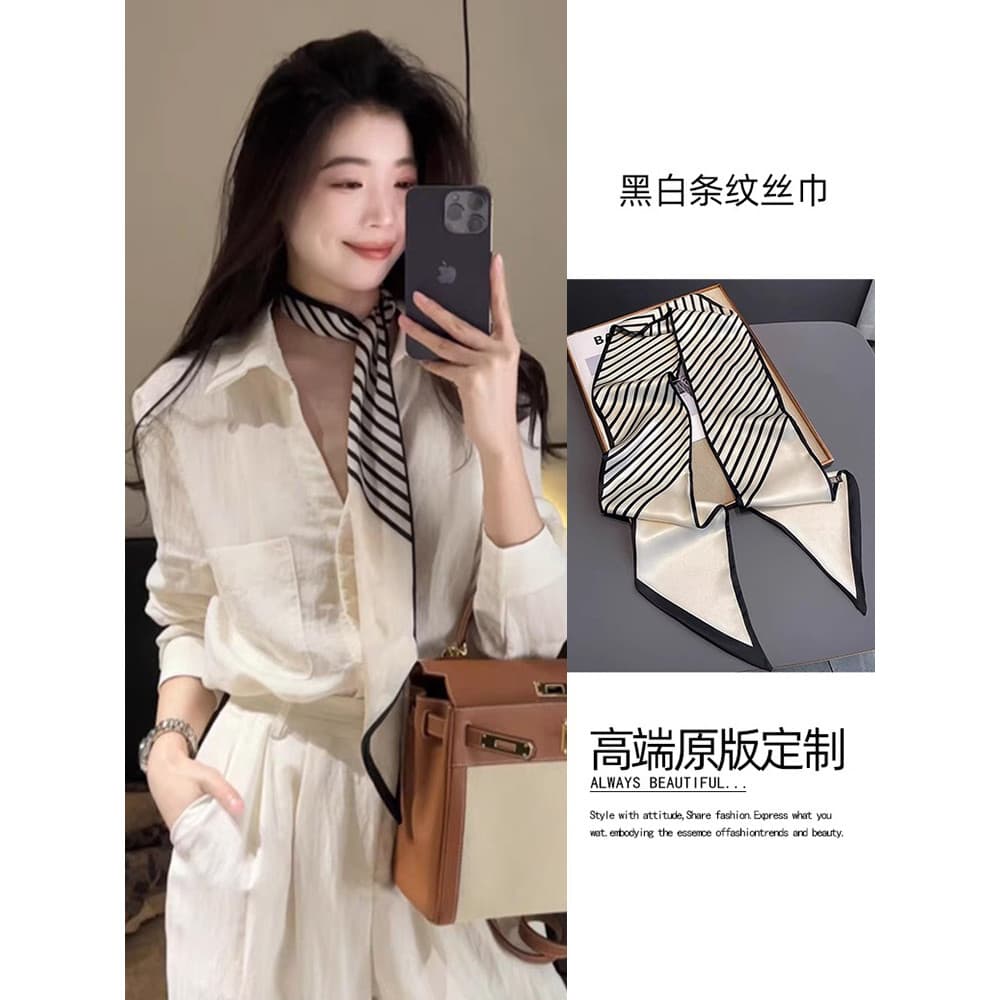 Elegante listrado lenço de seda feminino 2026 novo estilo Neckband longo cachecol combinando camisa High-End sentir pesc