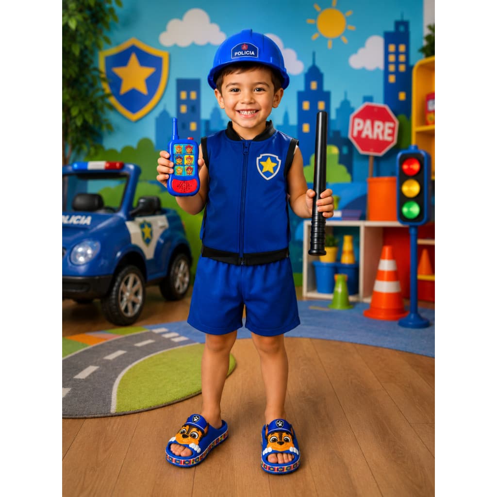 Kit Fantasia Infantil Chase + Brinquedo + Chinelo Slide Patrulha Canina Roupa Conjunto Sapato Leve e Confortável