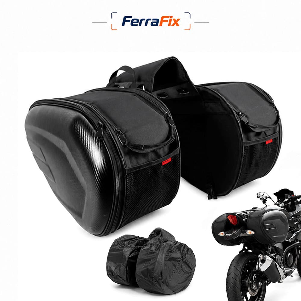Par Alforge Lateral Moto 60L Impermeável PU Universal Carbono 2 Compartimentos Capacete Bauleto Motociclista