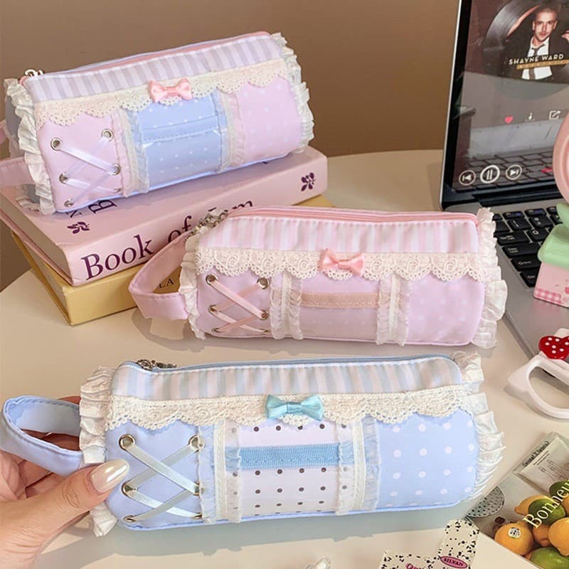 Estojo Organizador De Papelaria Para Estudantes De Grande Capacidade Com Acabamento Em Renda Estilo Coreano Alça
