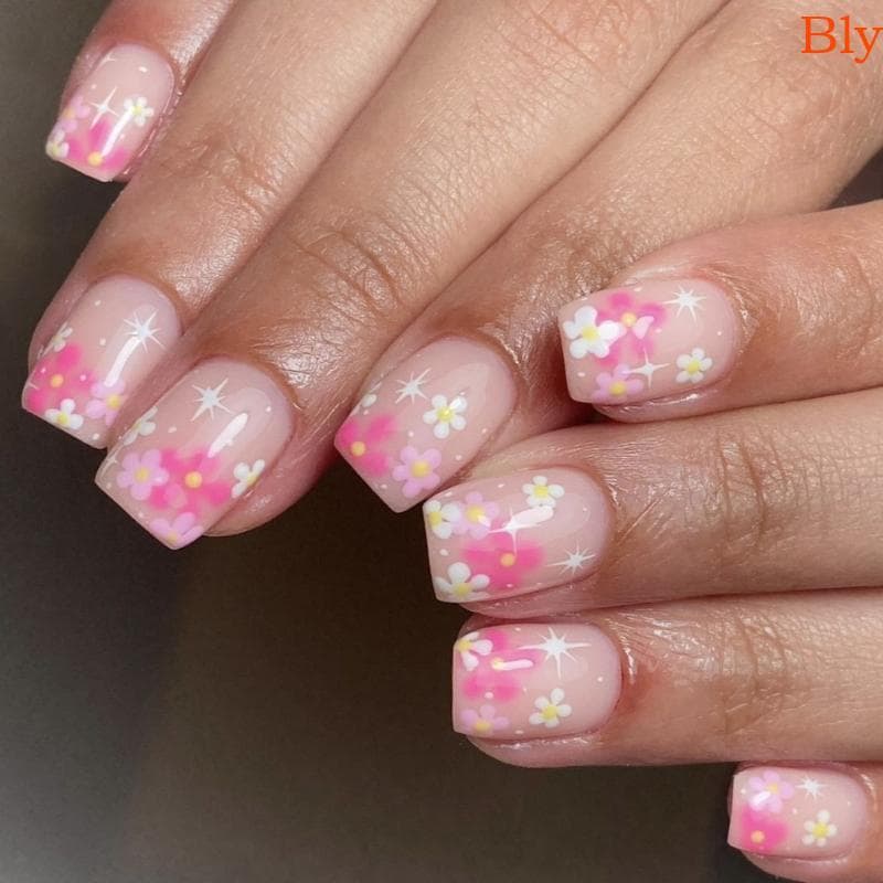 Bly 24 Peças Prensa Unhas Falsas Quadradas Artificiais Colas Designs Flores Pontas Francesas