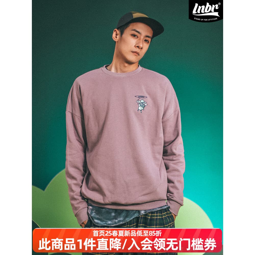 LNBR urso elétrico outono inverno novo produto roxo etiqueta bordada em torno do pescoço solto pulôver moletom masculino