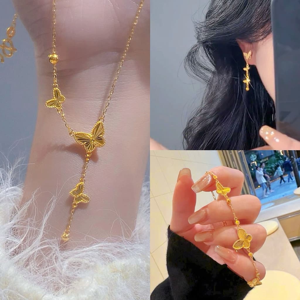 Alta cor retenção areia ouro borboleta colar moda feminina All-Match Laser borboleta pulseira brincos cobre banhado a ou