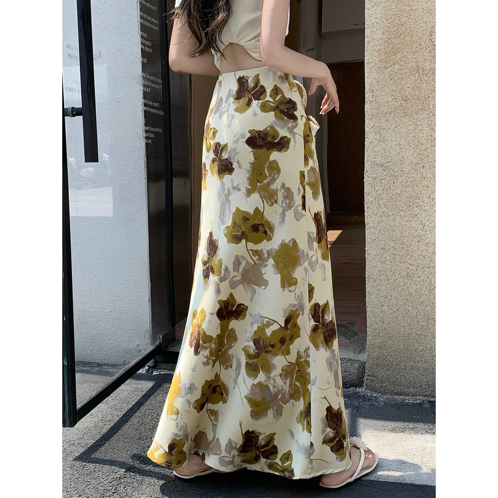 Acetato cetim impresso Fishtail saia feminina 2026 verão novo estilo cintura alta Drape mais magro olhar temperamento A