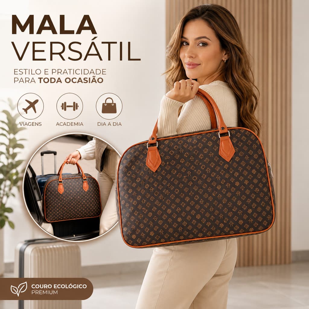 Mala de Viagem Média Couro Ecológico Feminina Bolsa de Mão Mala de Academia Bagagem