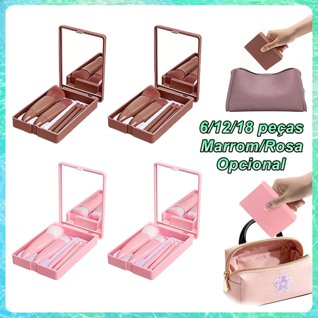 6/12/18 Kits Mini Espelho de Maquiagem com 5 Pincéis, Estojo Dobrável 10,5cm com Cerdas Macias para Bolsa e Viagem