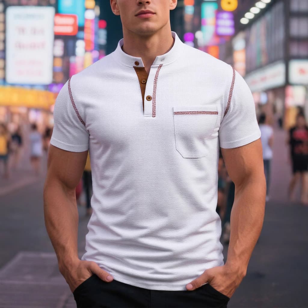Camisetas Masculinas de Ver茫o 2025, Estilo Europeu-Americano, Manga Curta, Camisetas Henley Masculinas, Camiseta Casual