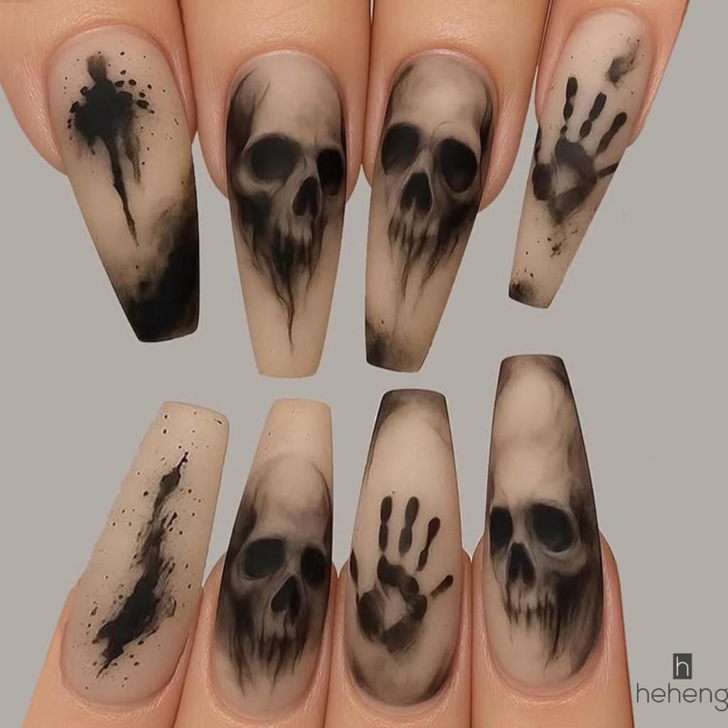 24 Pçs Crânio Preto Fosco Quebrado Mão Imprensa Unhas ABS Festa De Halloween Cosplay Dicas De Falsas
