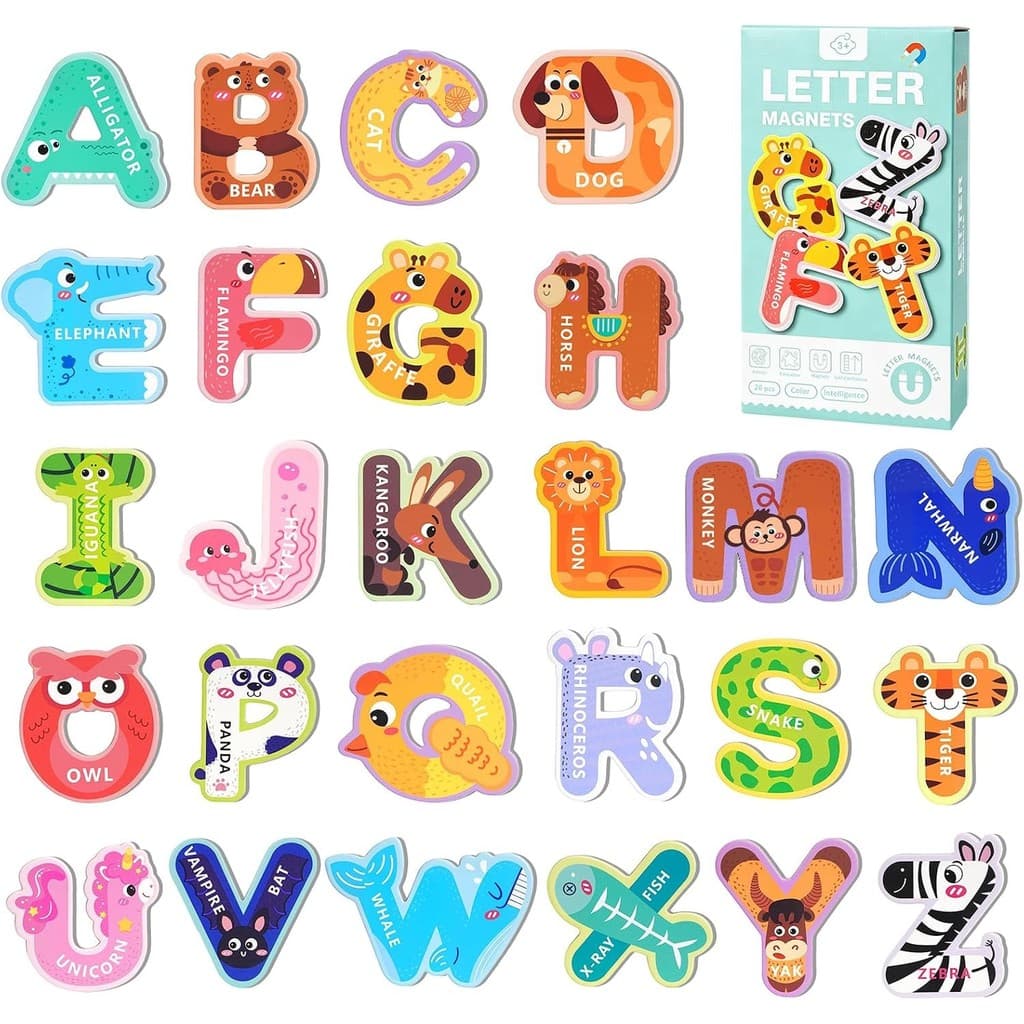 Letras Magnéticas Para Crianças , 26 Ímãs De Alfabeto Animal , Grandes Geladeira ABC Maiúsculas Aprendizagem Pré-Escolar