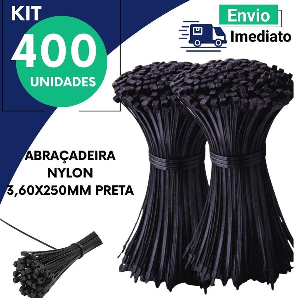 Kit Abraçadeira Nylon 3,6x250mm Preta 100 200 300 ou 400 Un Enforca Gato Fixador Organizador Cabos e Fios