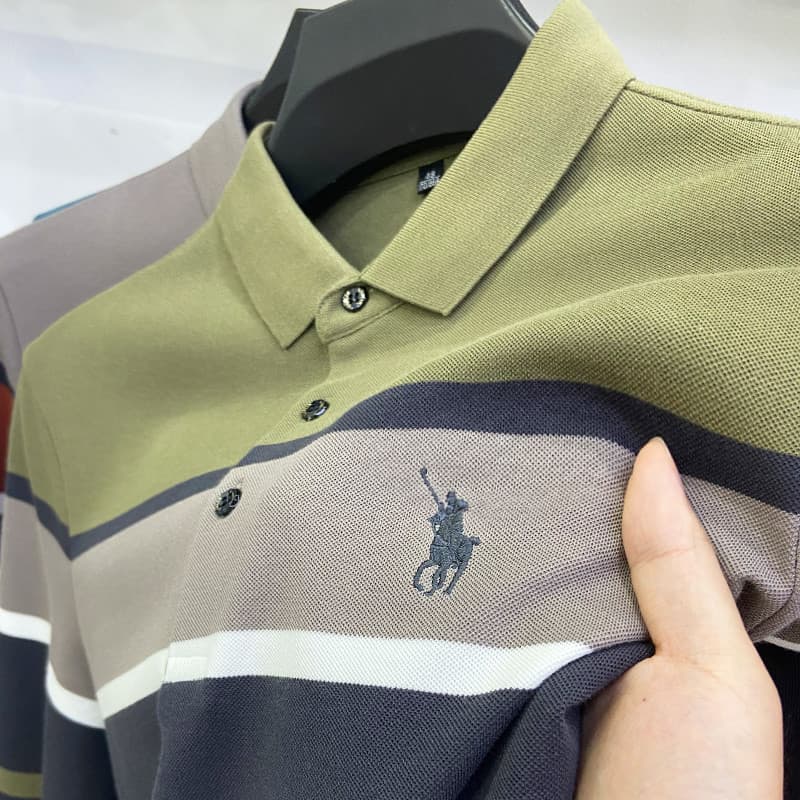 Camisa polo bordada de manga comprida masculina gola listrada camisa polo masculina de meia-idade polo Casual Da
