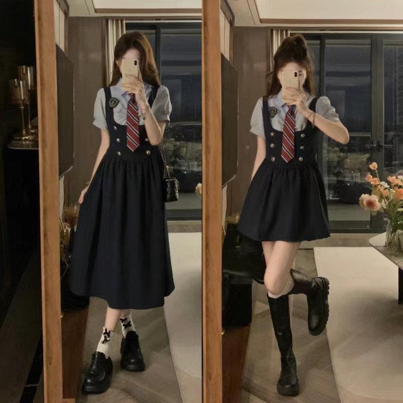 Verão estilo coreano estilo Preppy namoradas vestido um longo um curto Plus Size gordura mm vestido irmã JK uniforme ter