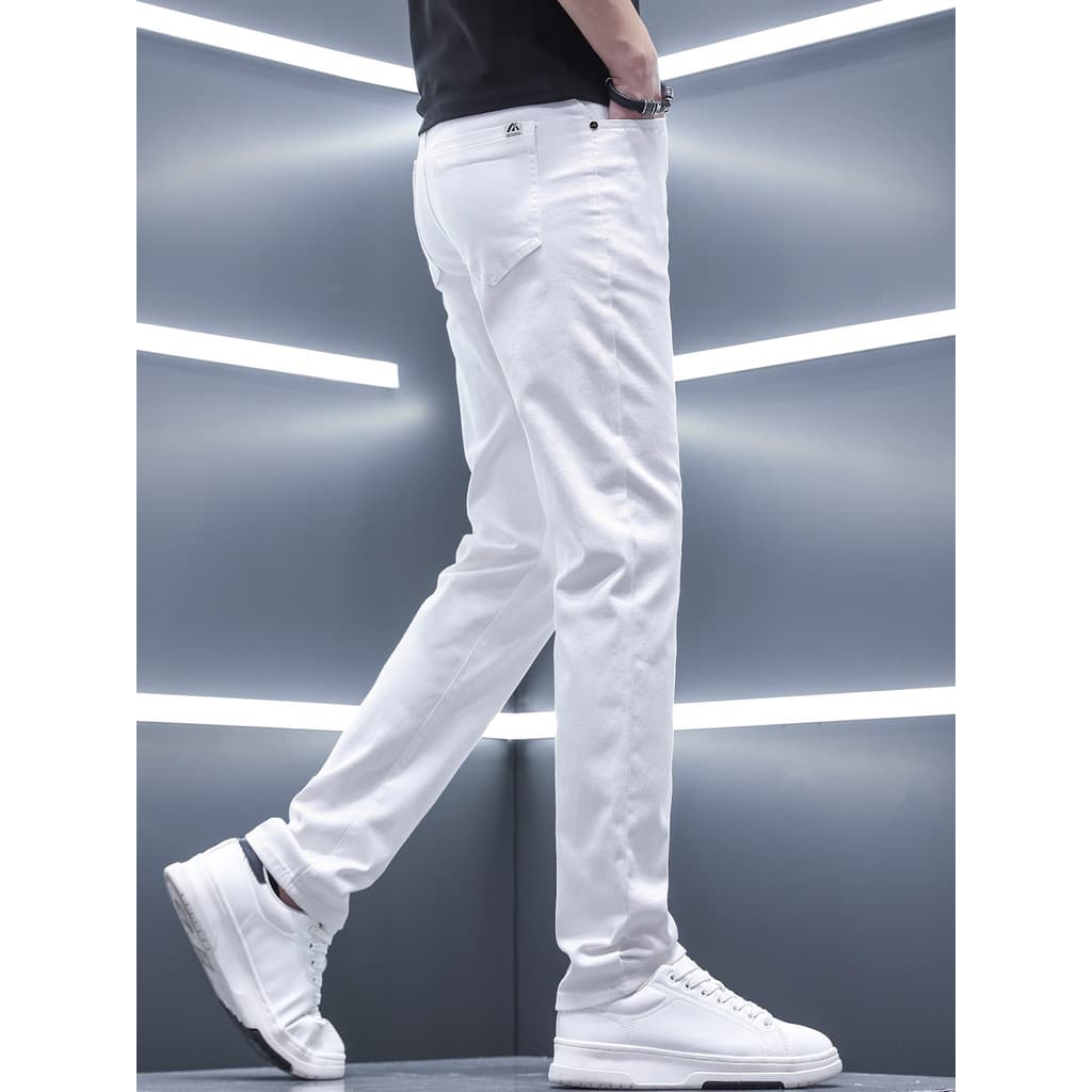 2026 novo estilo High-End branco Jeans masculino verão fino ajuste calças magras calças casuais verão masculino