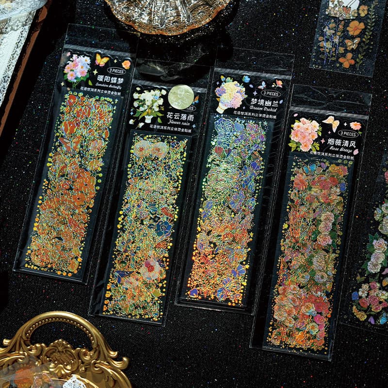 Linguagem de flores série Jinghong à prova d'água PET tridimensional adesivo dourado estilo ins alto valor pequeno fresc