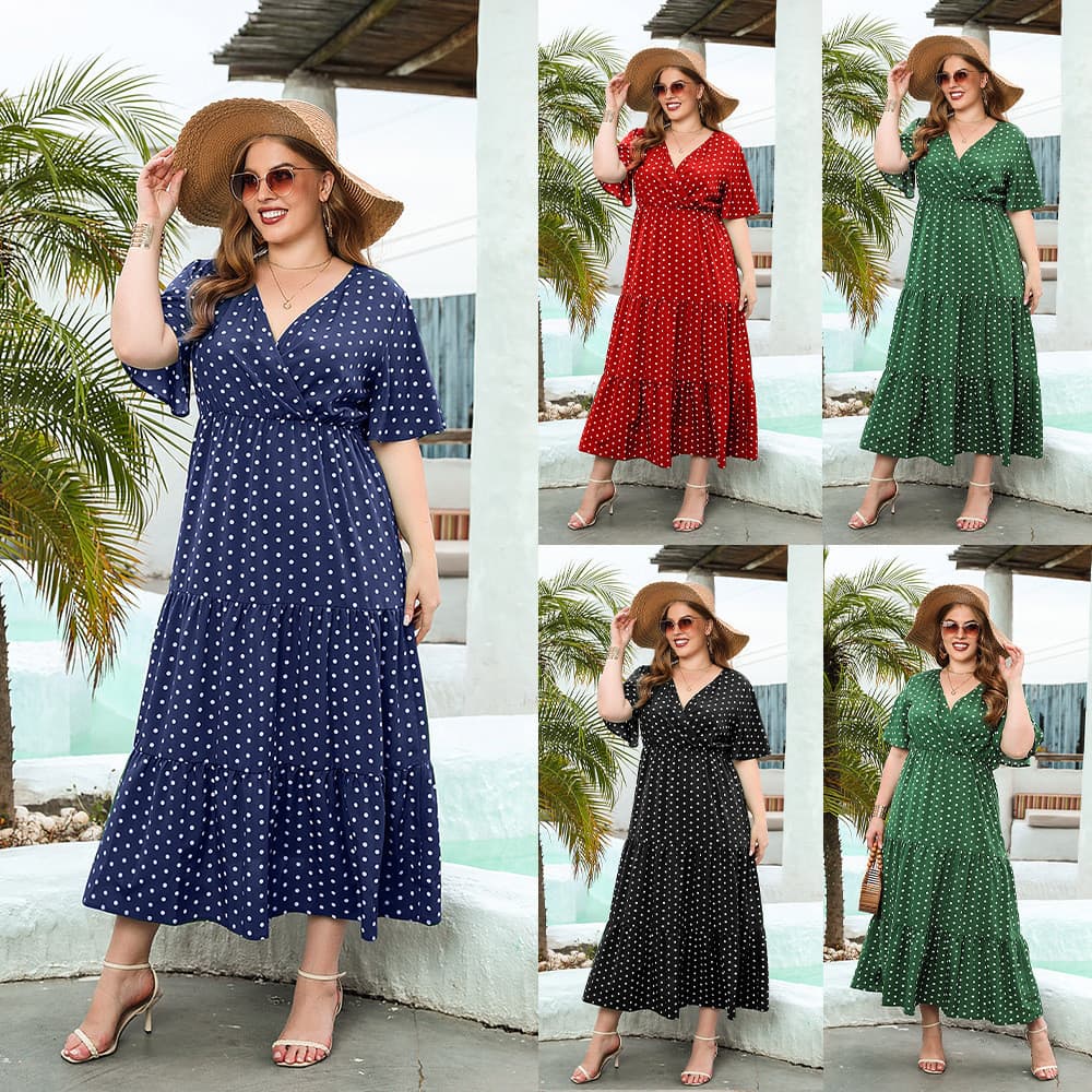 2026 verão novo produto plus size roupas femininas plus size bolinhas Casual vestido de férias com decote em v elegante