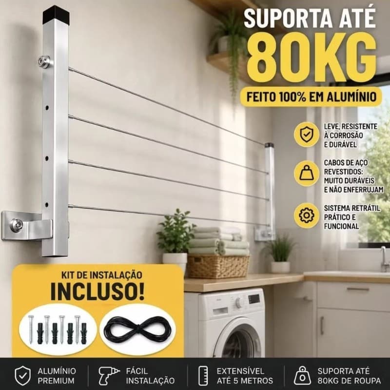 Varal De Roupa Reforçado 80 Kg Dobrável 2 Hastes 4 Metros Alumínio Cromado